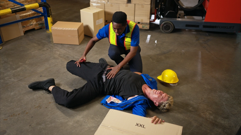 Pracownik udzielający pierwszej pomocy poszkodowanemu robotnikowi w magazynie podczas szkolenia z pierwszej pomocy