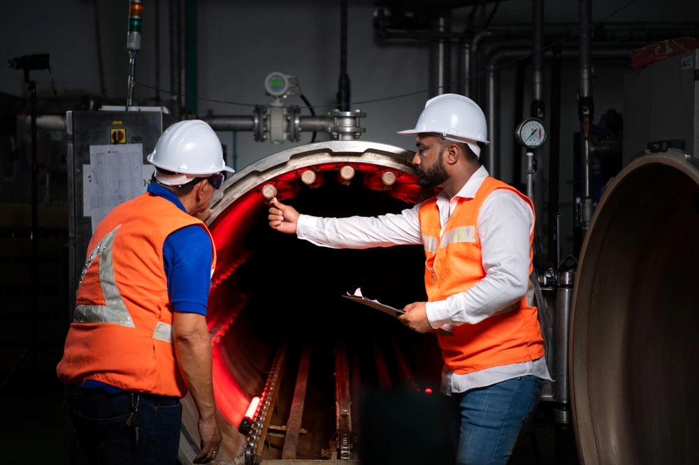 Dwóch pracowników w kaskach i kamizelkach BHP kontroluje wnętrze metalowego cylindra podczas nadzoru bhp